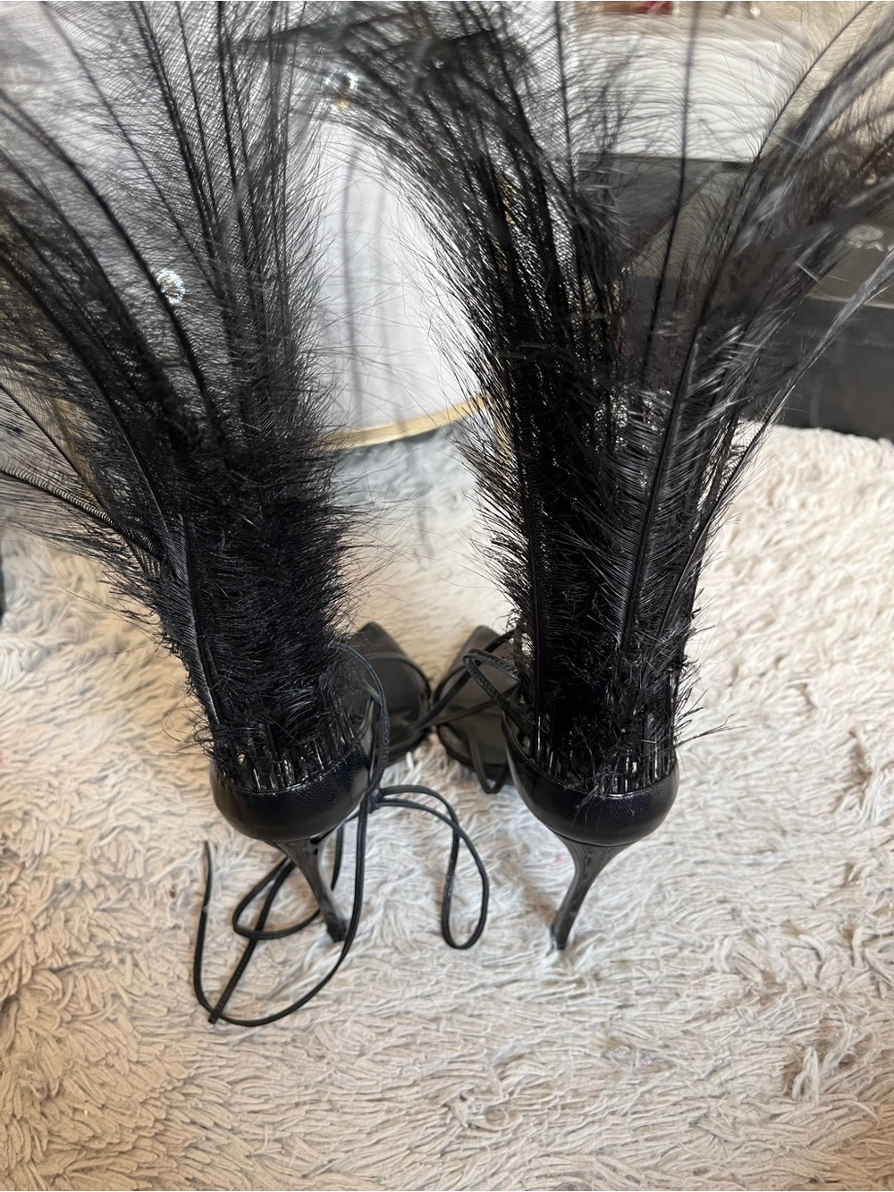 Saint Laurent Black Feather Lace-Up Sandals - Picture 8 of 9